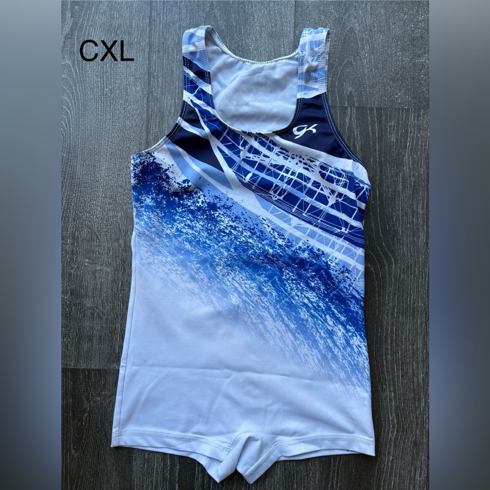 CXL Blue and White GK competition grade leotard